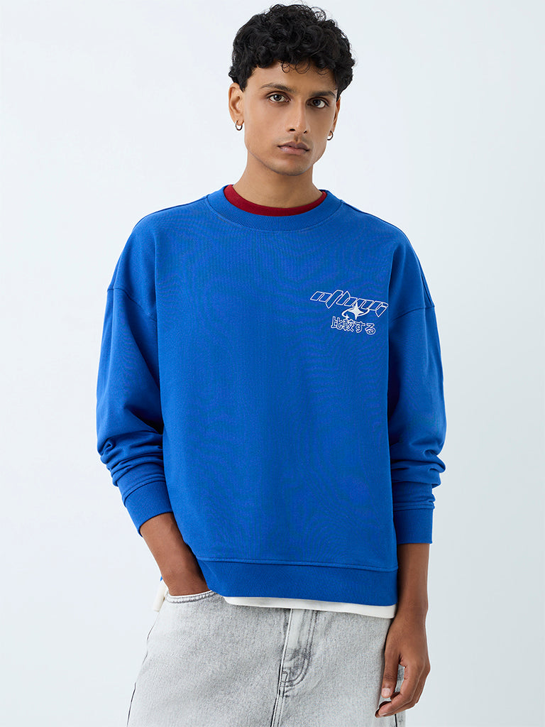 Nuon Blue Graphic Printed Relaxed-Fit Cotton Sweatshirt