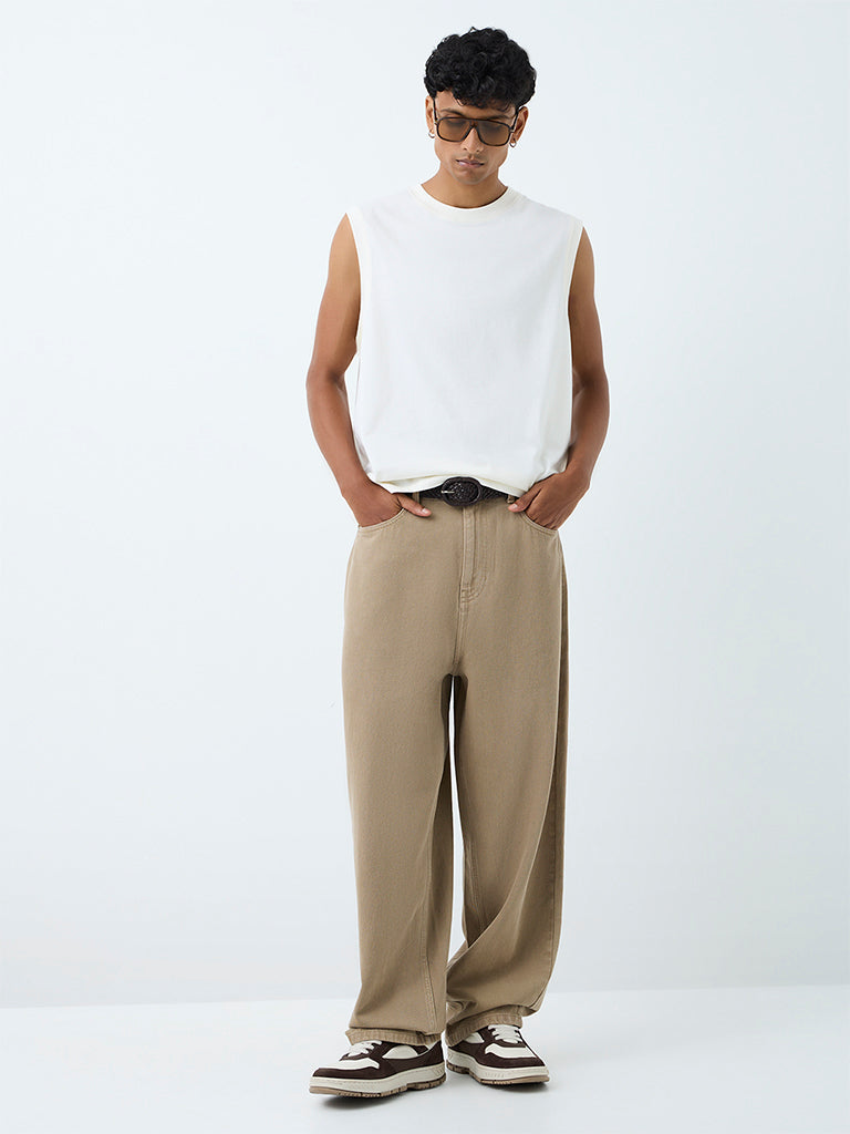 Nuon Off-White Solid Relaxed-Fit Cotton T-Shirt