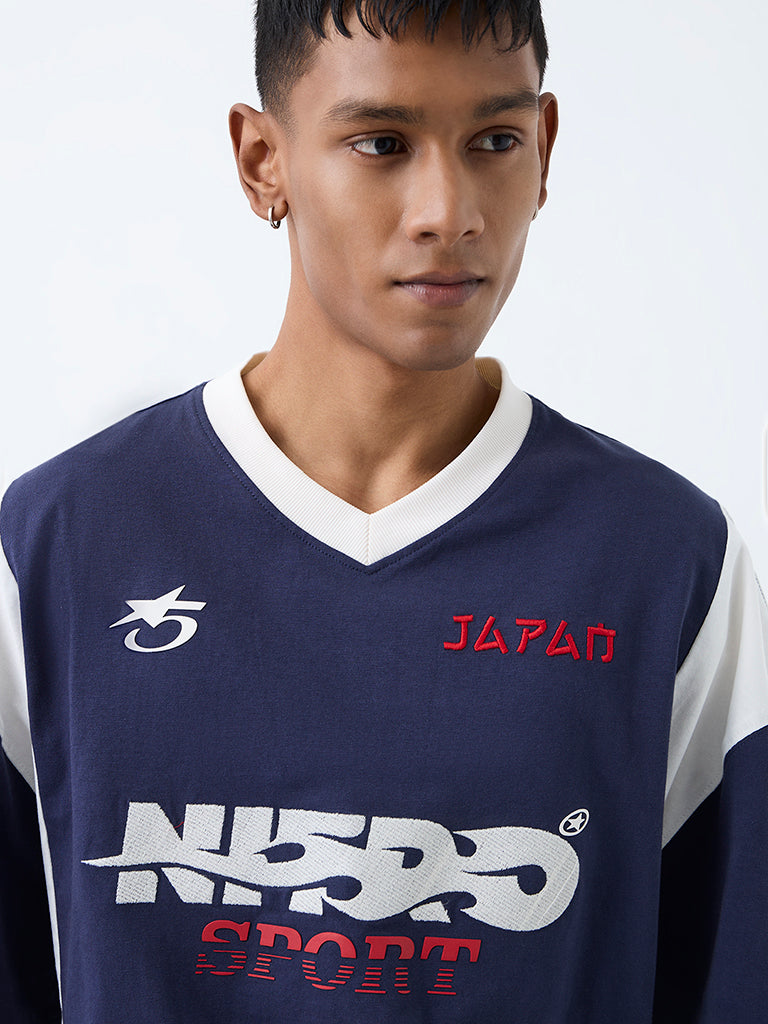 Nuon Navy Text-Design Relaxed-Fit Cotton T-Shirt