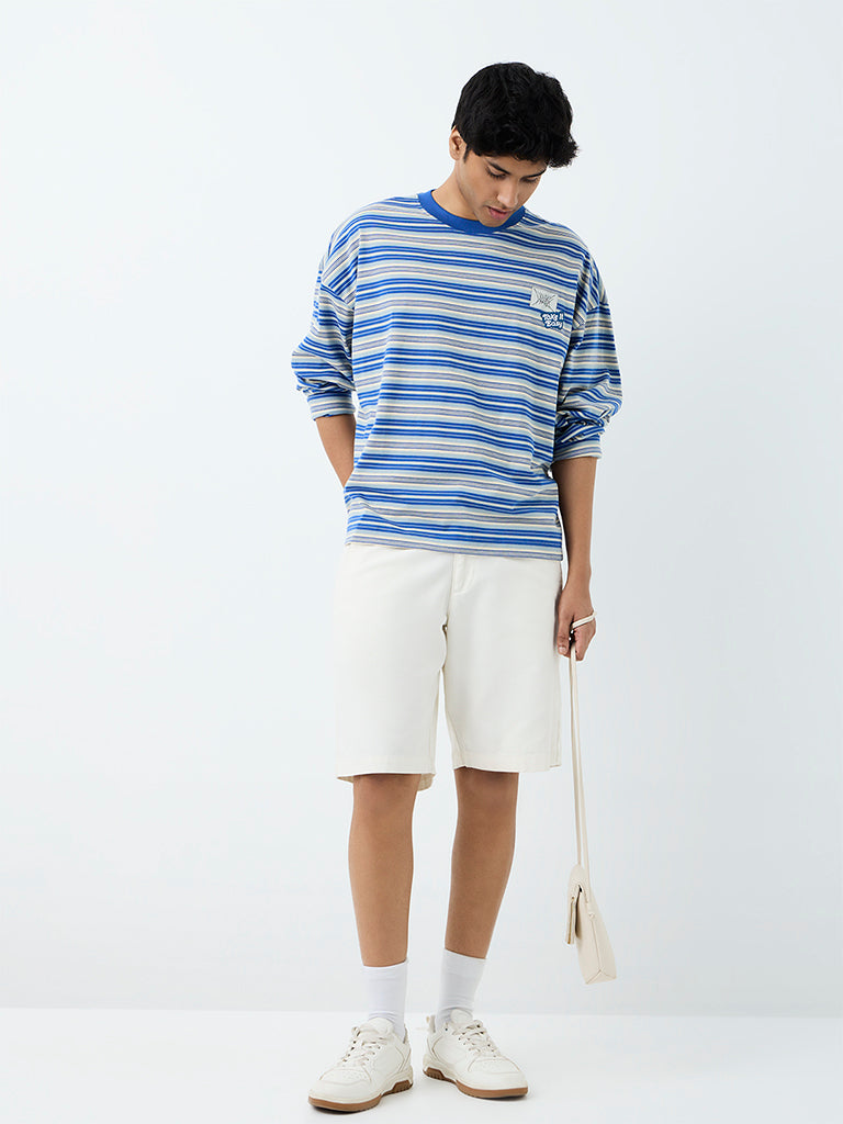 Nuon Blue Striped Relaxed-Fit Cotton T-Shirt