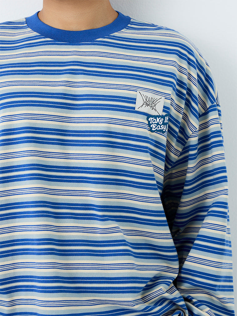 Nuon Blue Striped Relaxed-Fit Cotton T-Shirt