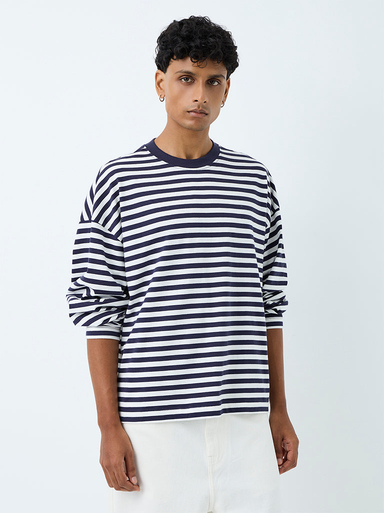 Nuon Navy Striped Oversized-Fit Cotton T-Shirt