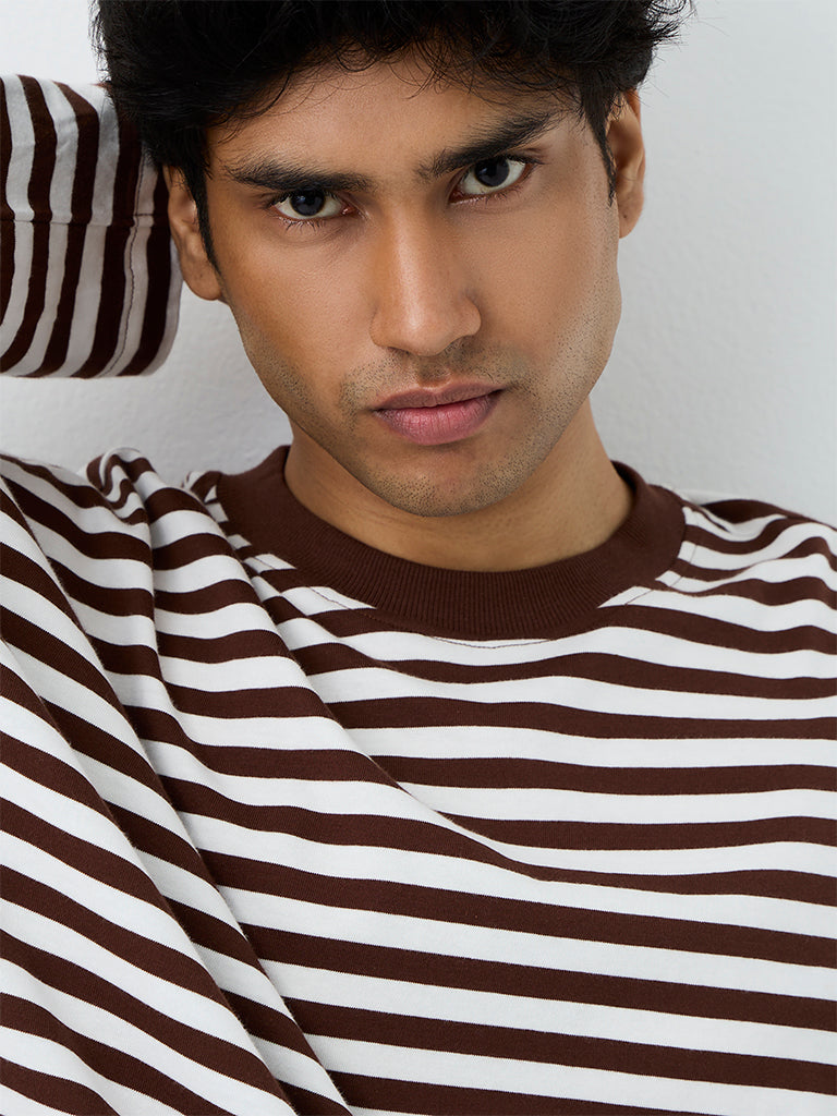 Nuon Brown Striped Oversized Cotton T-Shirt