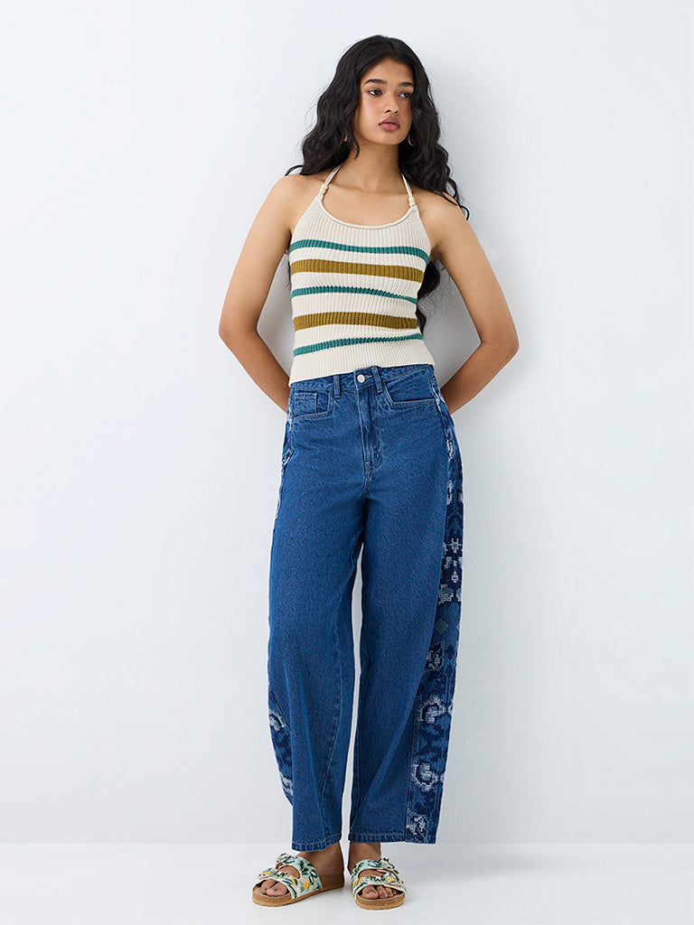 Bombay Paisley Off-White Striped Knitted Cotton Top