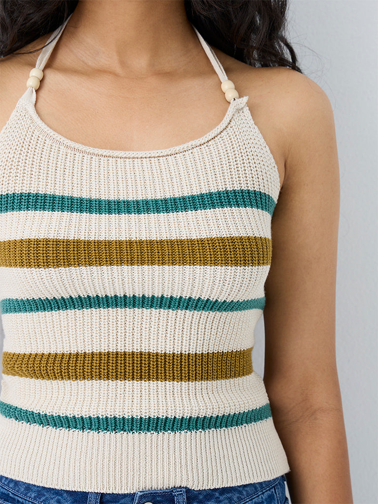 Bombay Paisley Off-White Striped Knitted Cotton Top
