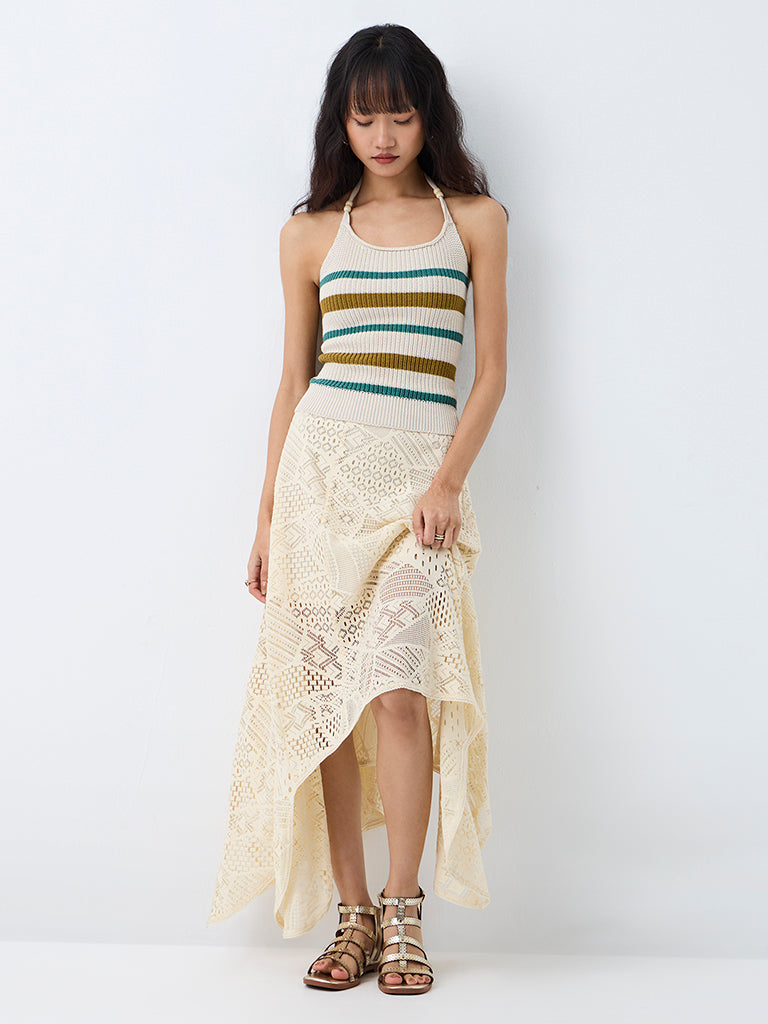 Bombay Paisley Off-White Striped Knitted Cotton Top