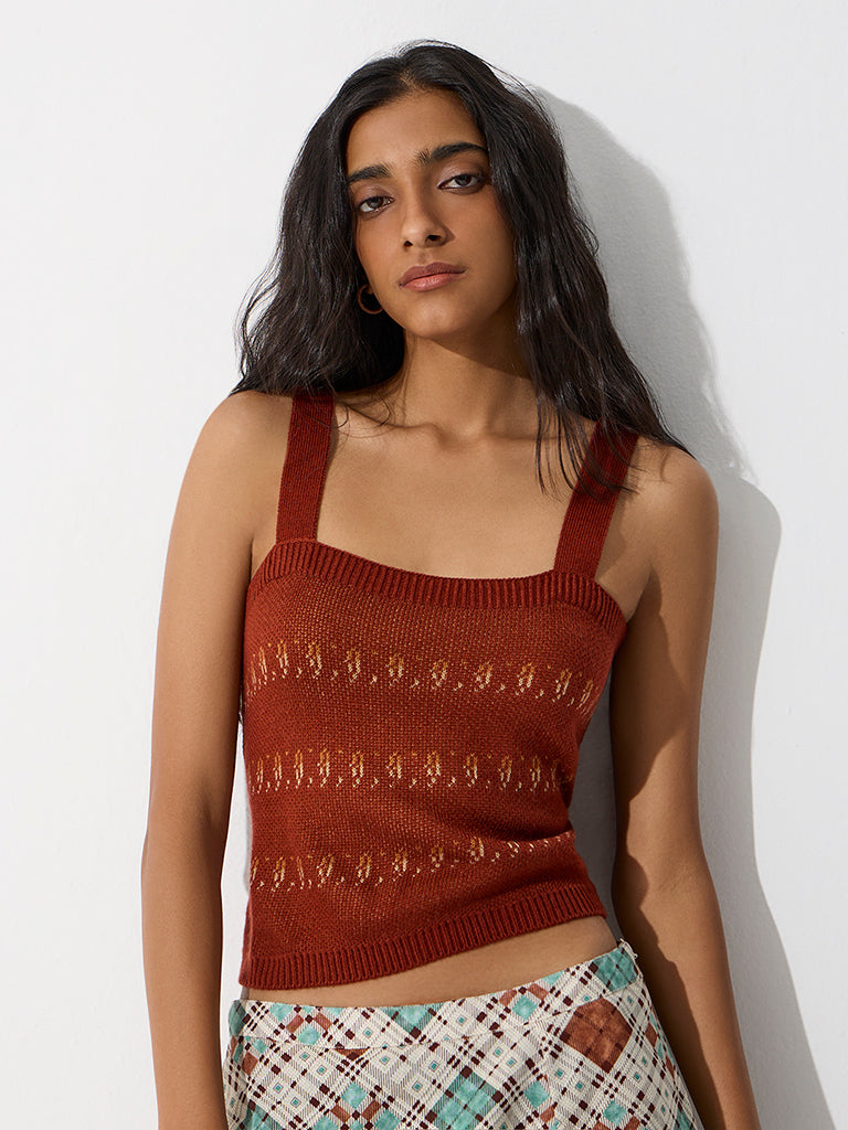 Bombay Paisley Rust Knit-Textured Top