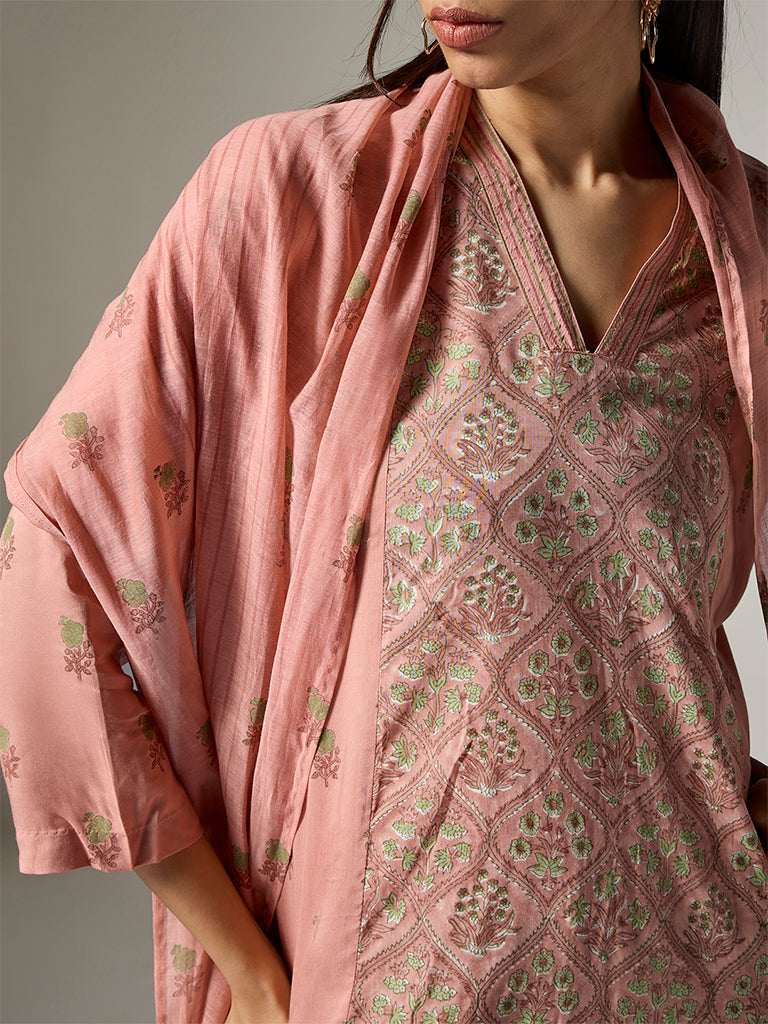 Zuba Peach Floral Pattern Cotton-Blend Stole