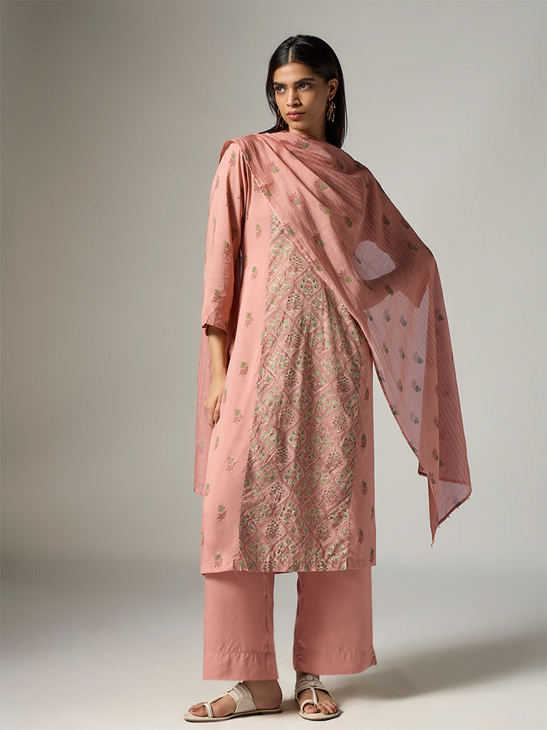Zuba Peach Floral Design A-Line Kurta