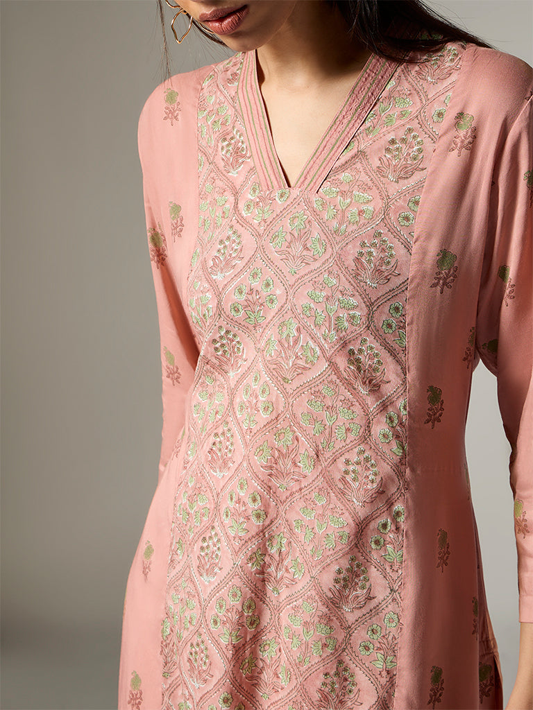 Zuba Peach Floral Design A-Line Kurta