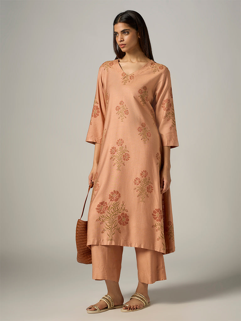 Zuba Peach Floral Pattern Cotton-Blend A-Line Kurta