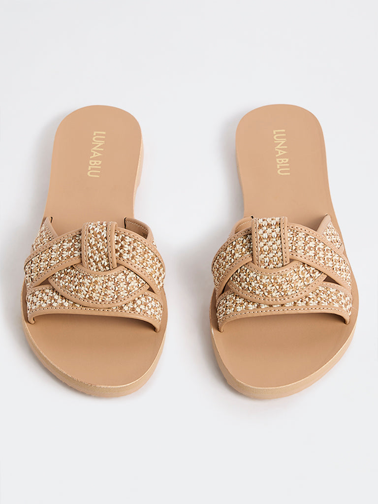 LUNA BLU Beige Woven Multi-Strap Slides