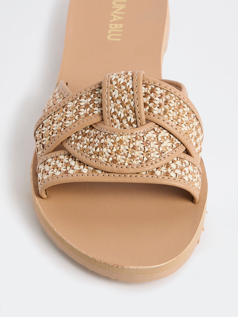 LUNA BLU Beige Woven Multi-Strap Slides