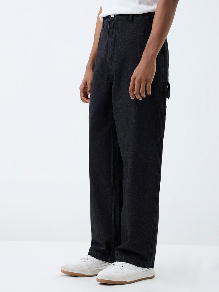 Nuon Black Solid Skater-Fit Mid-Rise Carpenter Jeans