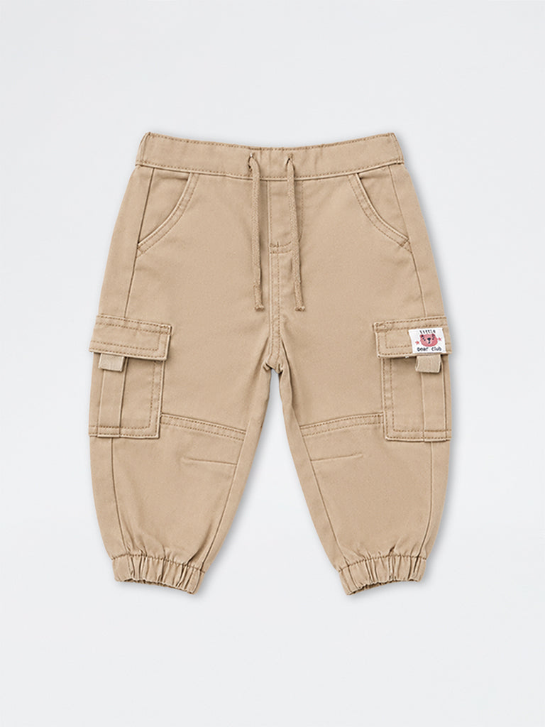 HOP Baby Boys Taupe Solid Mid-Rise Cotton-Blend Joggers