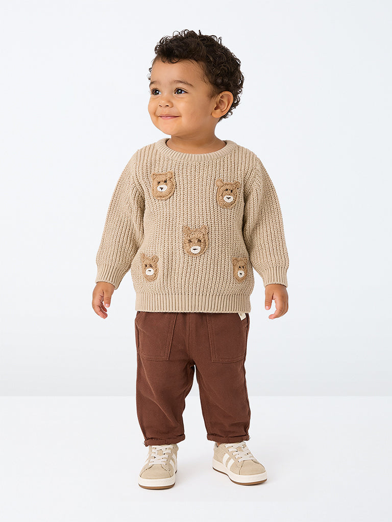 HOP Baby Boys Brown Solid Mid-Rise Cotton-Blend Trousers