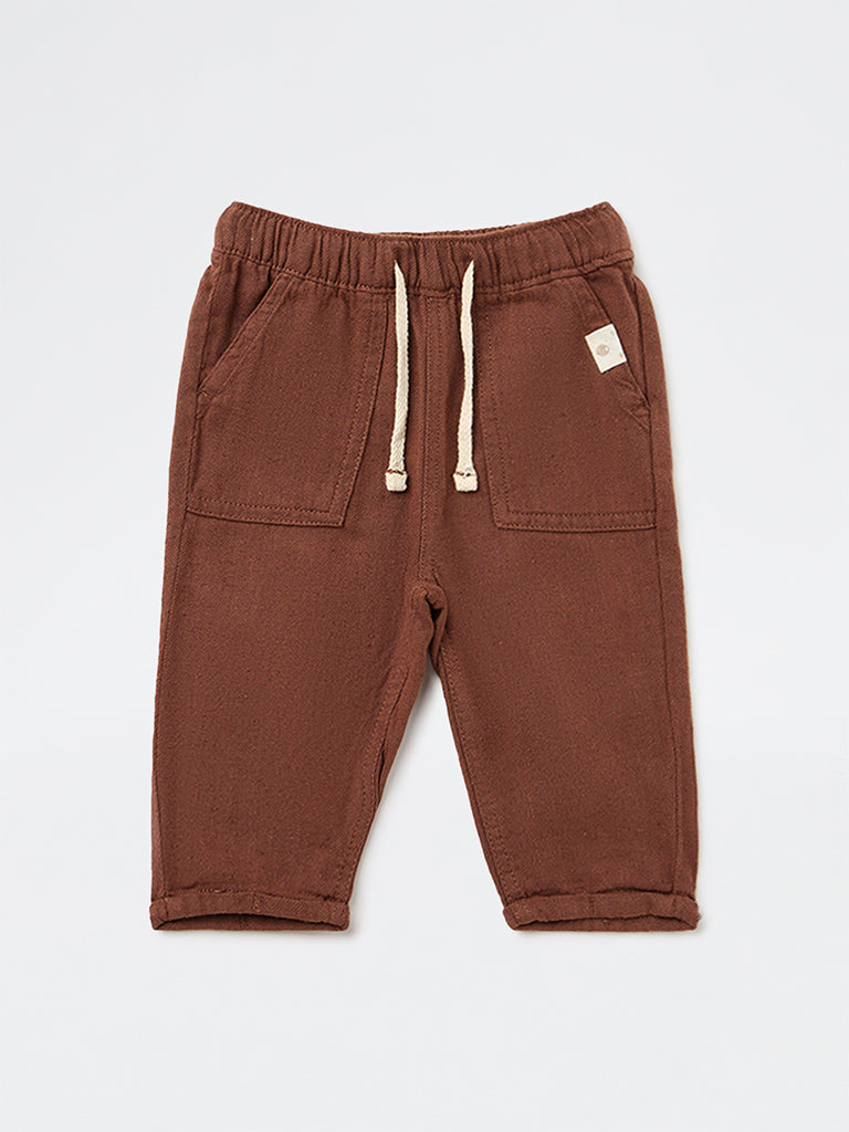 HOP Baby Boys Brown Solid Mid-Rise Cotton-Blend Trousers