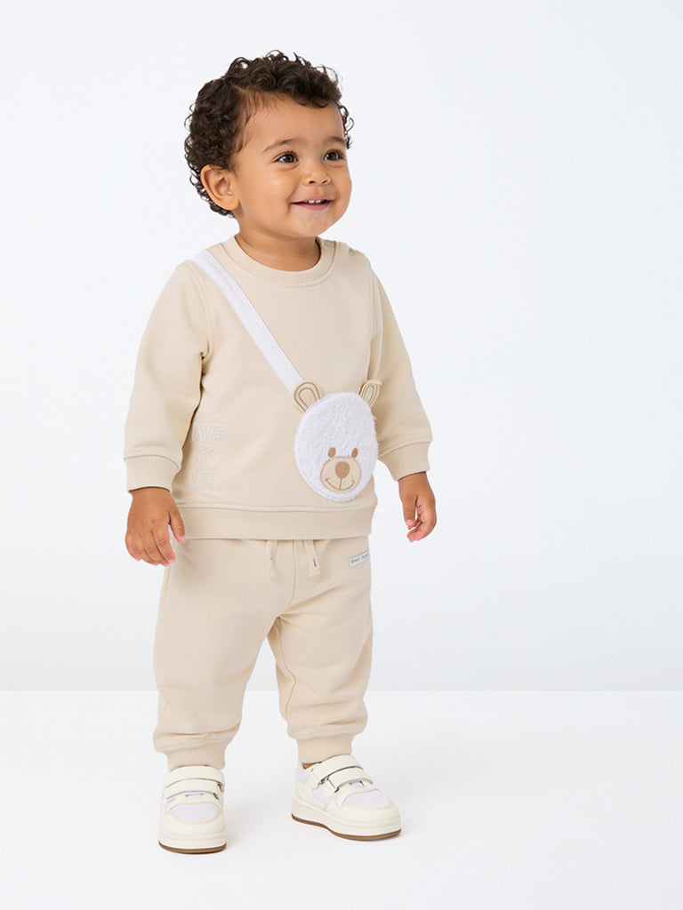 HOP Baby Boy Beige Teddy Detail Sweatshirt and Joggers Set
