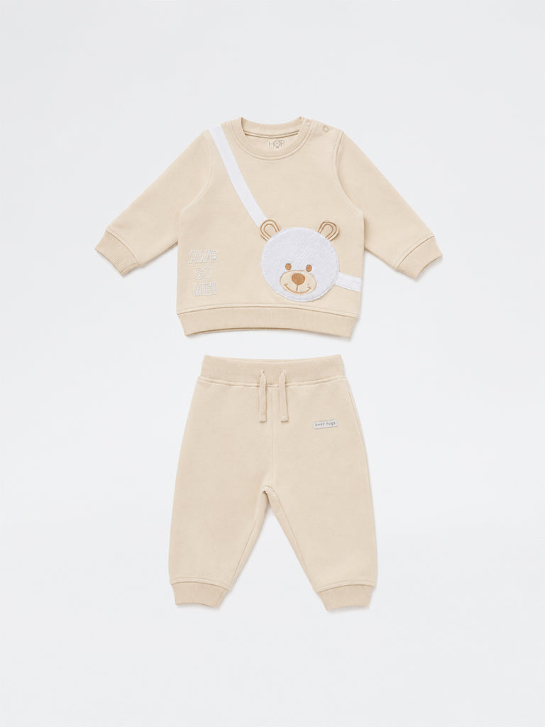 HOP Baby Boy Beige Teddy Detail Sweatshirt and Joggers Set