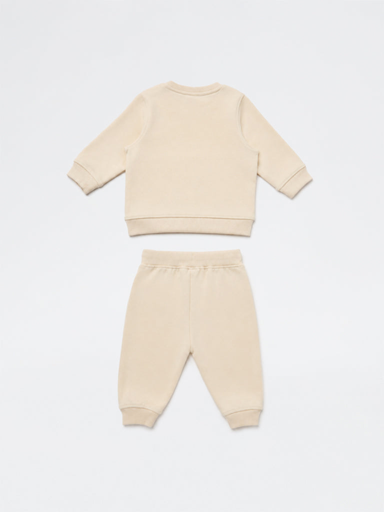HOP Baby Boy Beige Teddy Detail Sweatshirt and Joggers Set