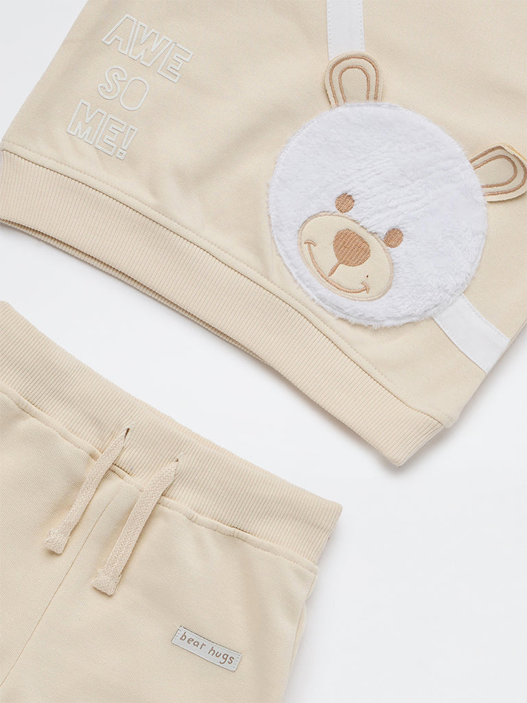 HOP Baby Boy Beige Teddy Detail Sweatshirt and Joggers Set