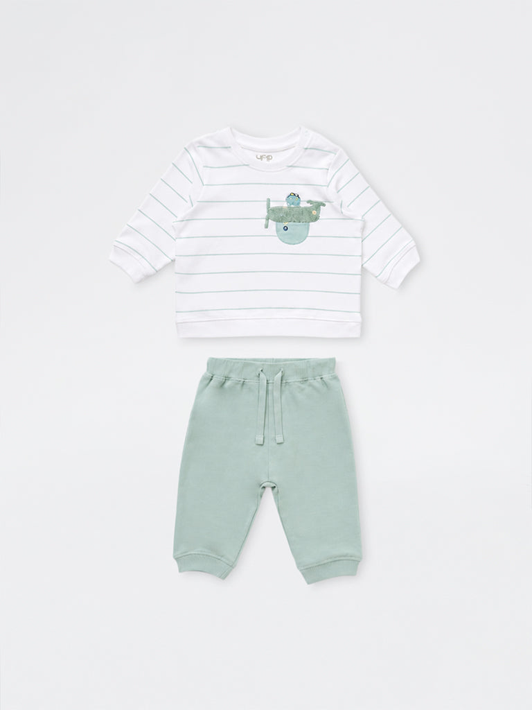 HOP Baby Boys Sage Striped Cotton Sweatshirt and Pants Set
