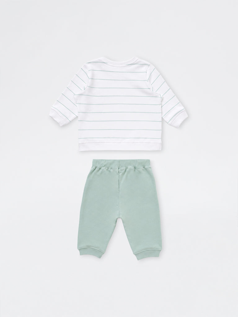 HOP Baby Boys Sage Striped Cotton Sweatshirt and Pants Set