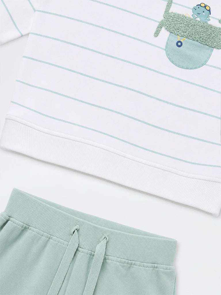 HOP Baby Boys Sage Striped Cotton Sweatshirt and Pants Set