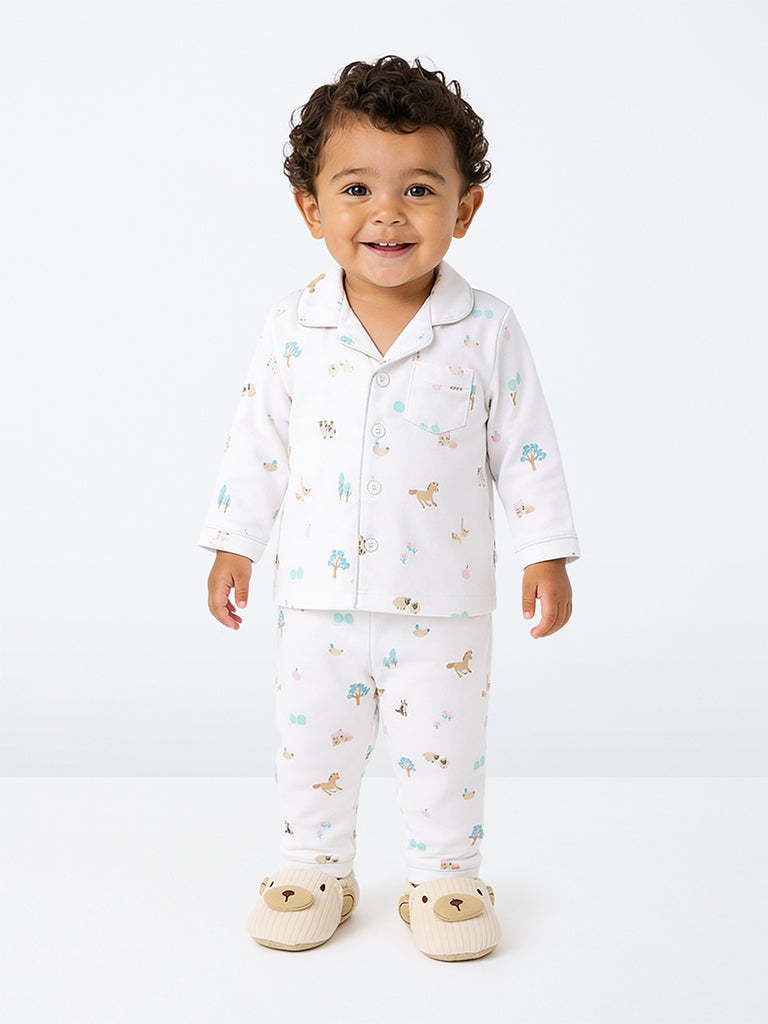HOP Baby Boys White Animal Printed Cotton Shirt and Pants Set