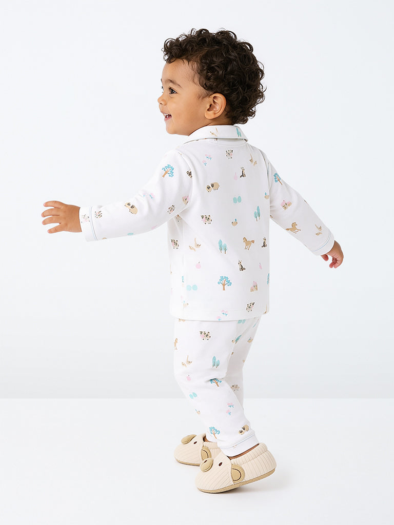HOP Baby Boys White Animal Printed Cotton Shirt and Pants Set