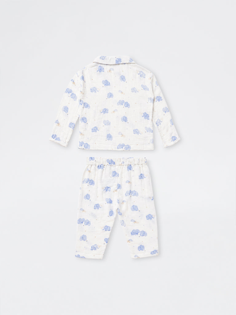 HOP Baby Boys White Animal Pattern Cotton Shirt and Pants Set