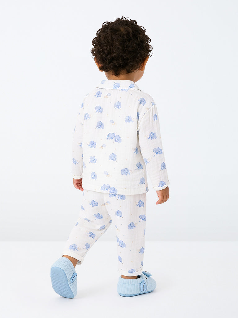 HOP Baby Boys White Animal Pattern Cotton Shirt and Pants Set