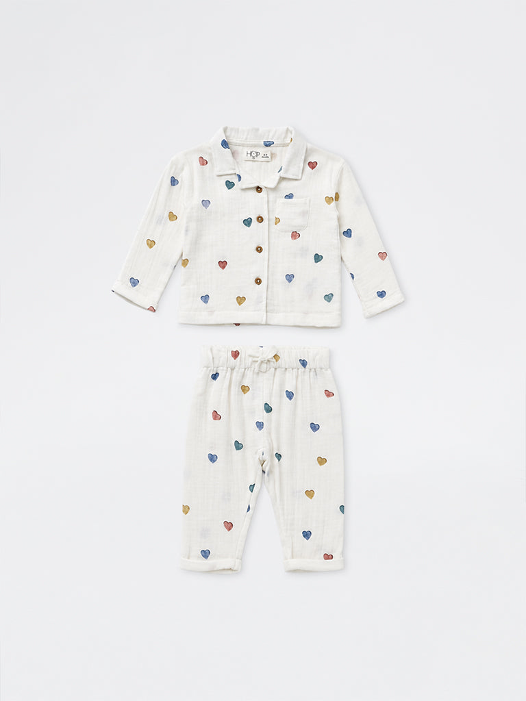 HOP Baby Boys Off-White Heart Printed Cotton Shirt and Pants Set