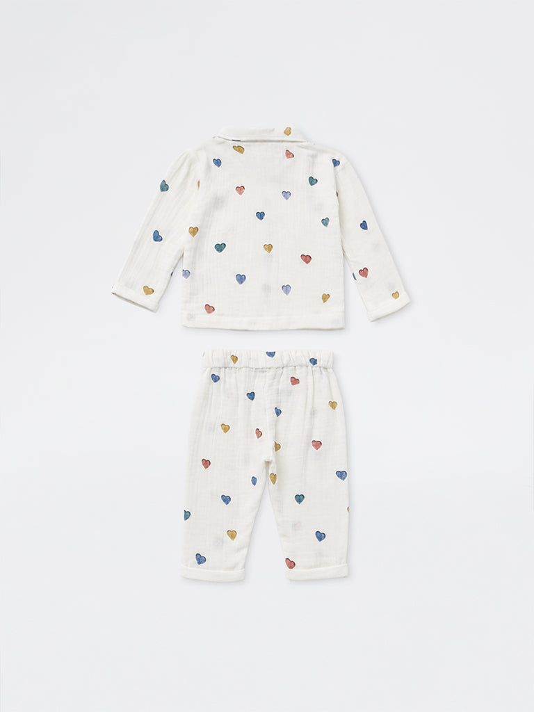 HOP Baby Boys Off-White Heart Printed Cotton Shirt and Pants Set