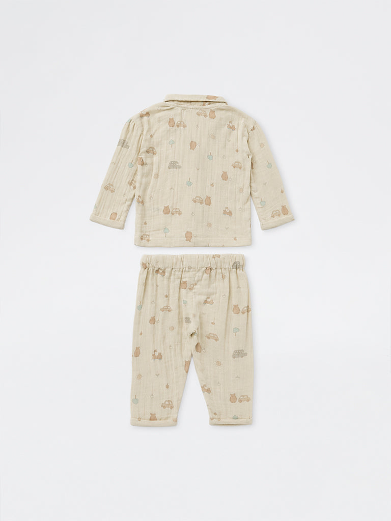 HOP Baby Boys Beige Printed Cotton Shirt and Pants Set