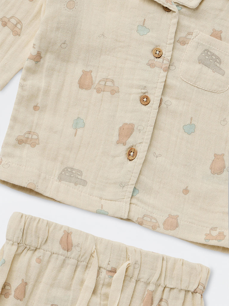 HOP Baby Boys Beige Printed Cotton Shirt and Pants Set