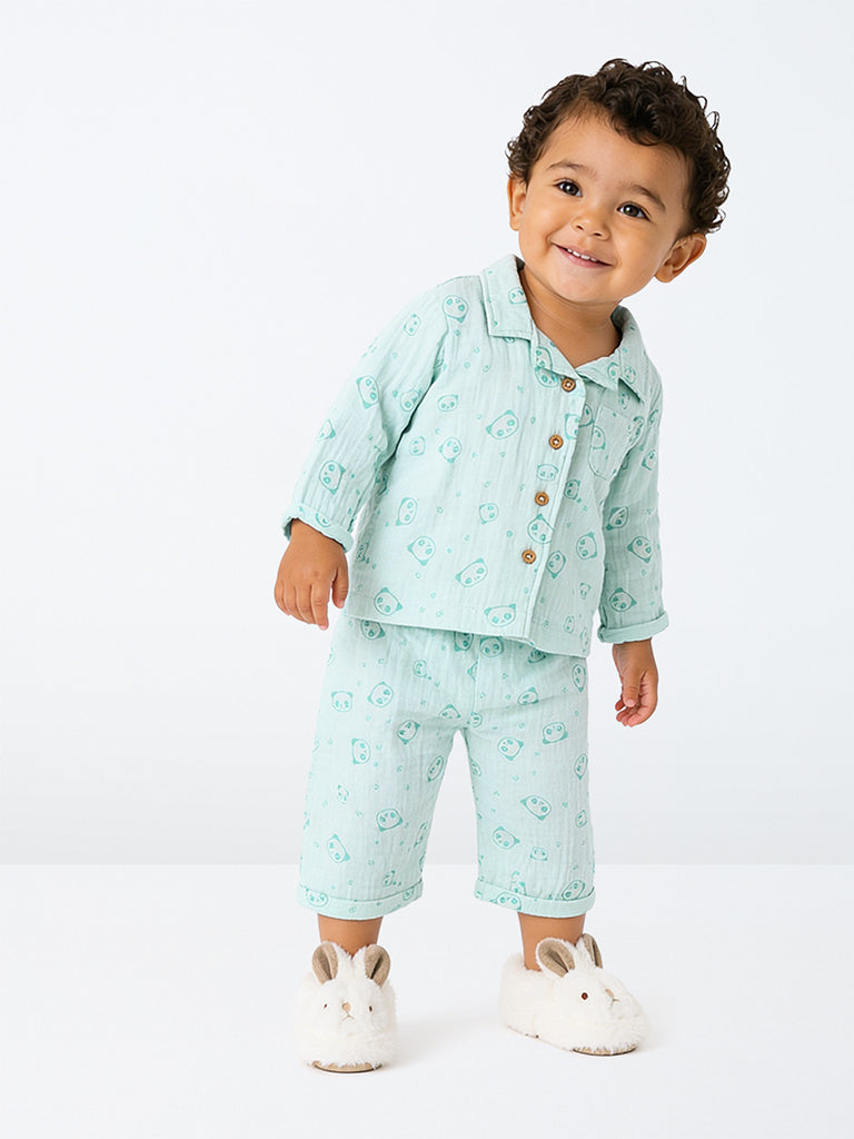 HOP Baby Boys Mint Panda Printed Cotton Shirt and Pants Set