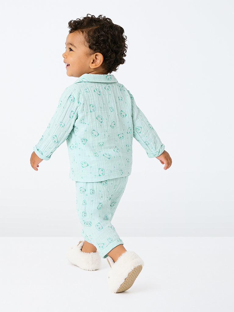 HOP Baby Boys Mint Panda Printed Cotton Shirt and Pants Set
