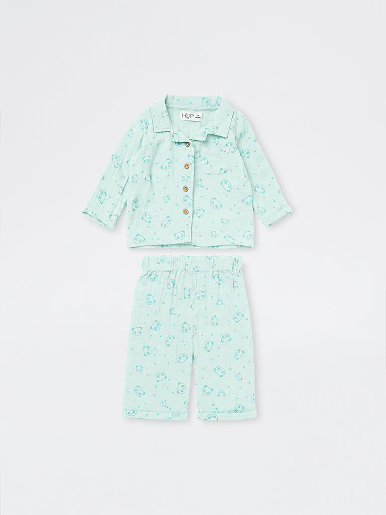 HOP Baby Boys Mint Panda Printed Cotton Shirt and Pants Set