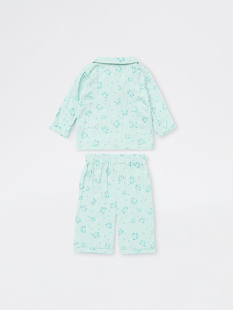 HOP Baby Boys Mint Panda Printed Cotton Shirt and Pants Set