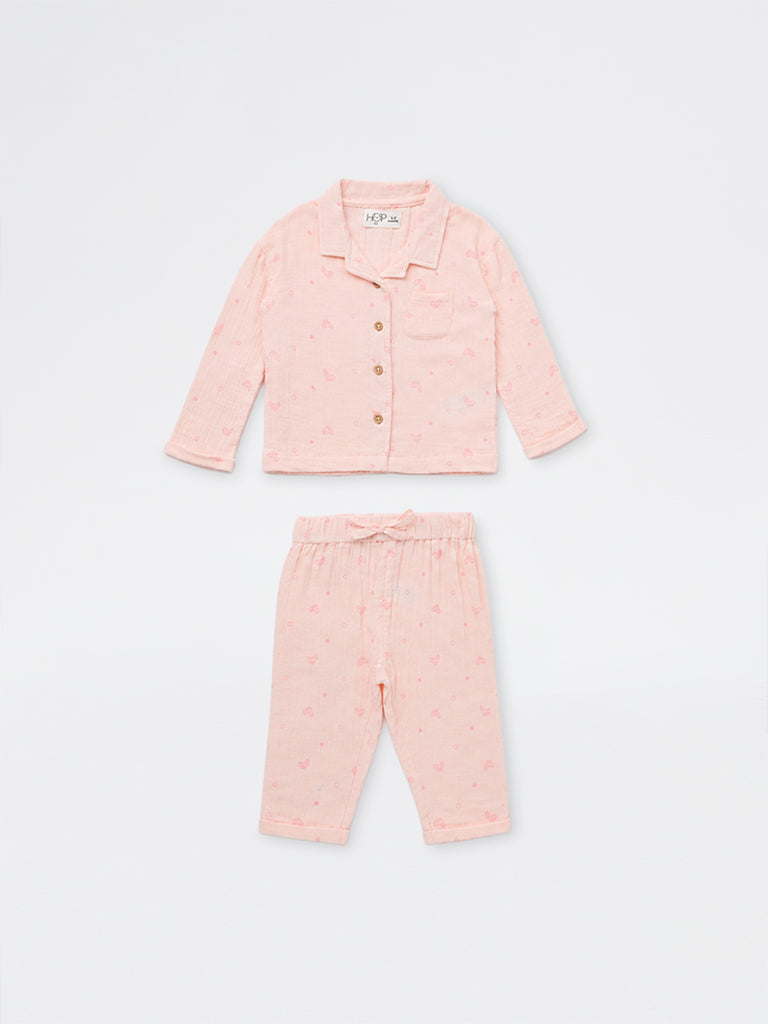HOP Baby Boys Pink Heart Printed Cotton Shirt and Pants Set