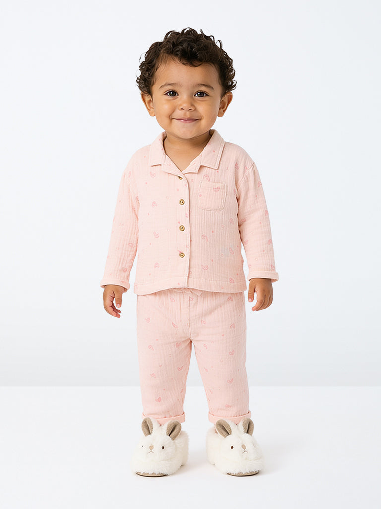 HOP Baby Boys Pink Heart Printed Cotton Shirt and Pants Set