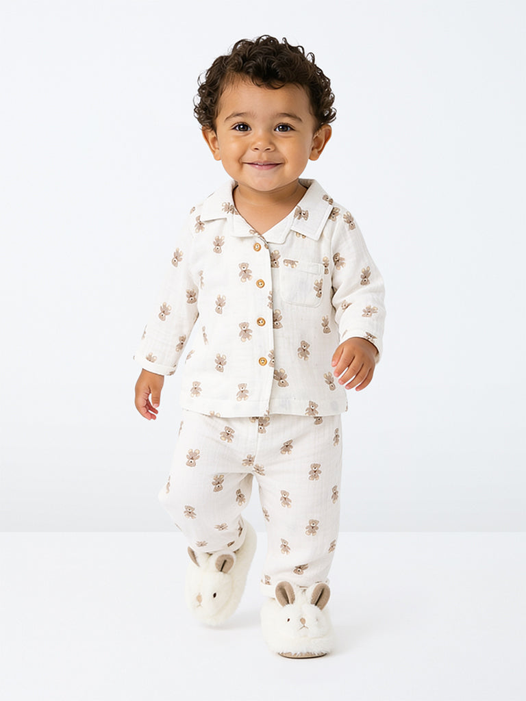 HOP Baby Boys White Teddy Printed Cotton Shirt and Pants Set