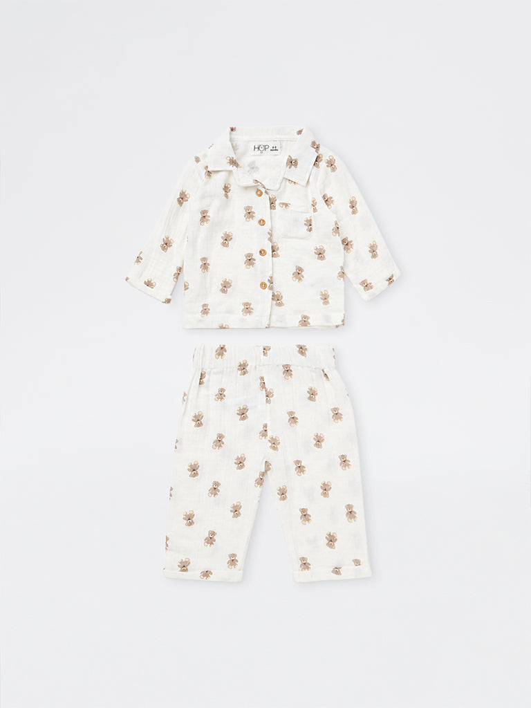 HOP Baby Boys White Teddy Printed Cotton Shirt and Pants Set