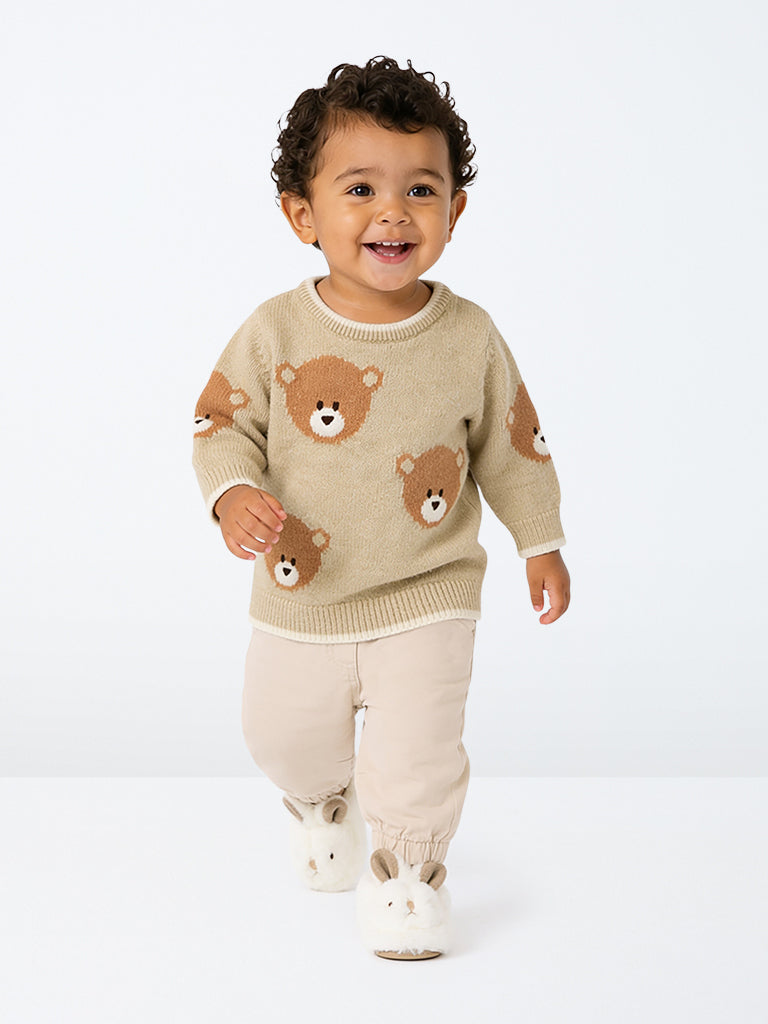 HOP Baby Boys Beige Teddy Bear Design Knitted Sweater