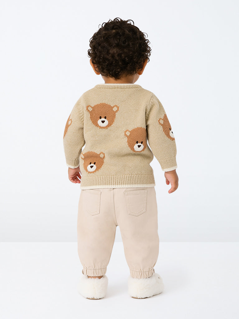 HOP Baby Boys Beige Teddy Bear Design Knitted Sweater
