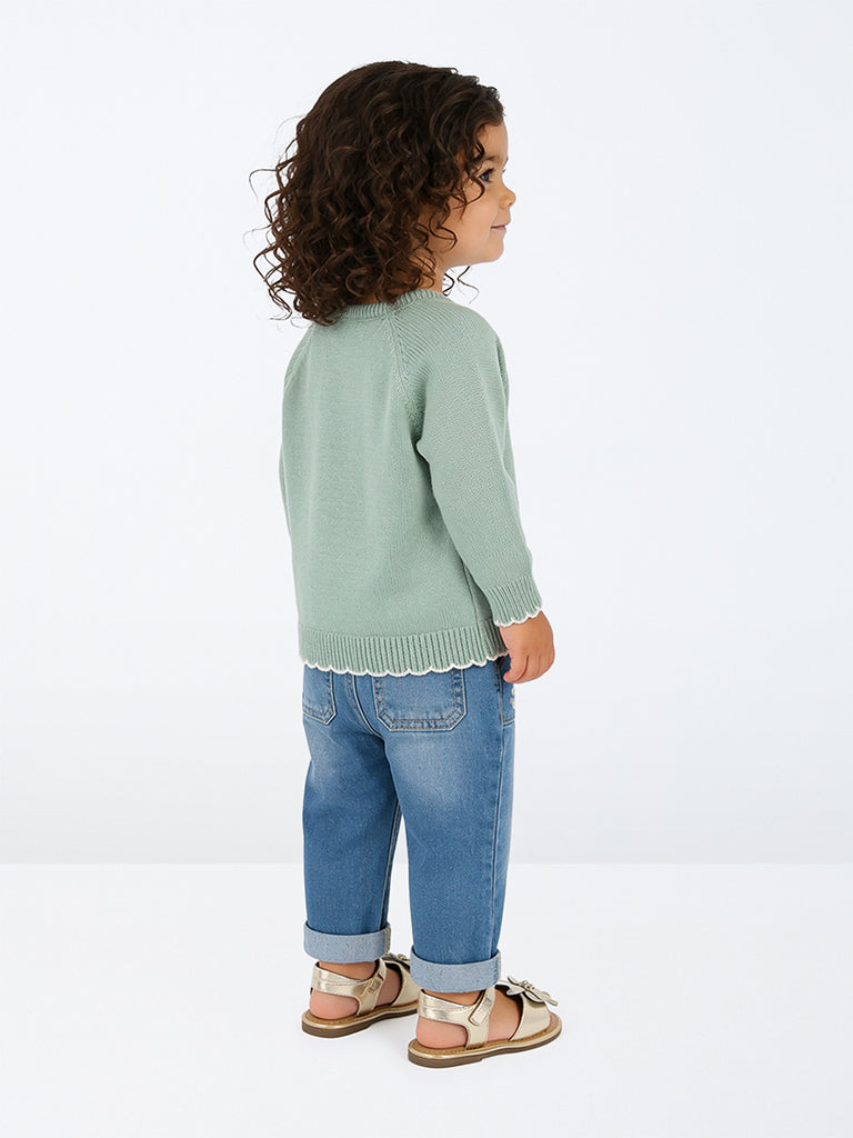 HOP Baby Girls Blue Floral Embroidered High-Rise Relaxed Fit Jeans