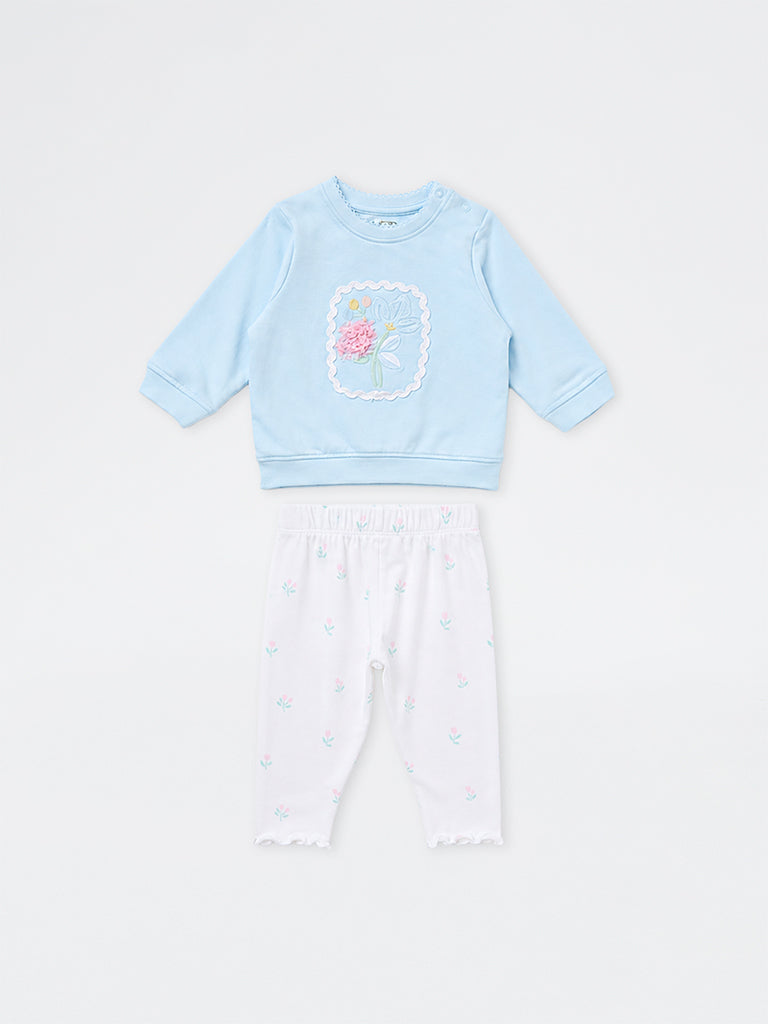 HOP Baby Girls Light Blue Floral Embroidered Cotton Sweatshirt and Pants Set