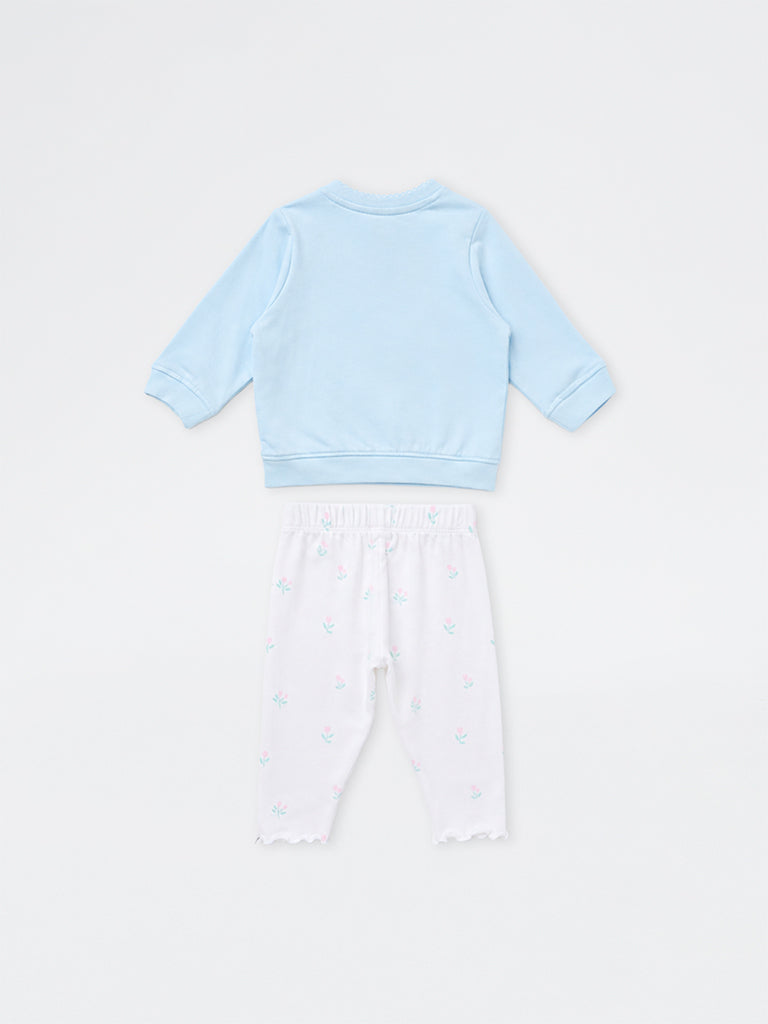 HOP Baby Girls Light Blue Floral Embroidered Cotton Sweatshirt and Pants Set