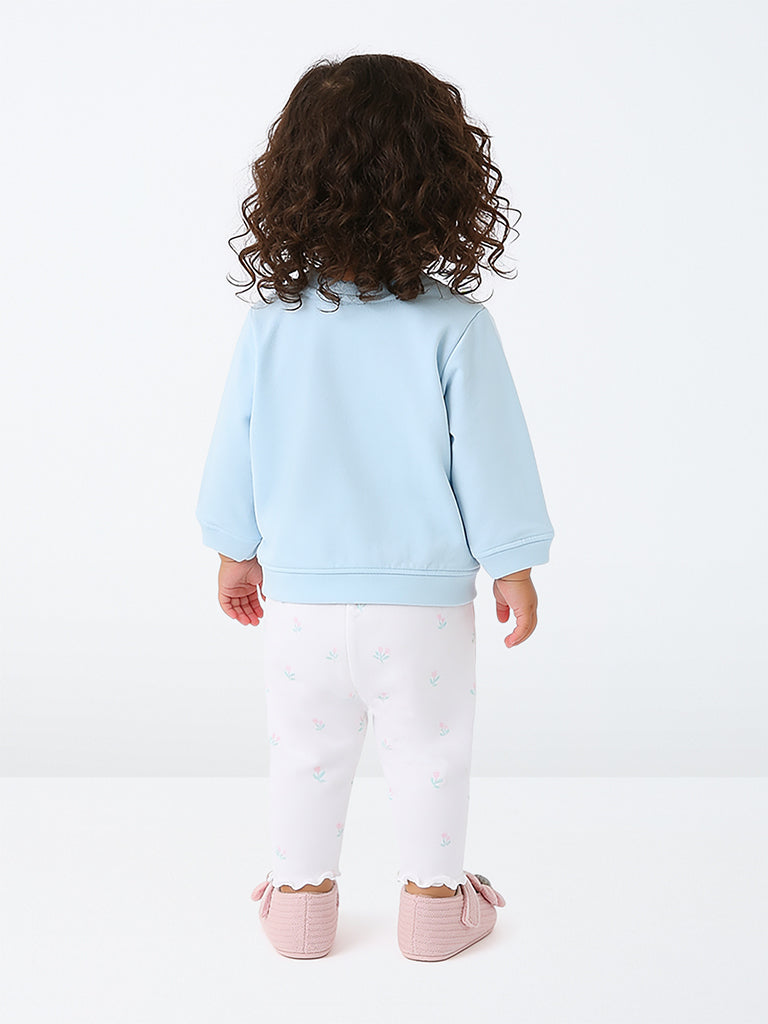 HOP Baby Girls Light Blue Floral Embroidered Cotton Sweatshirt and Pants Set